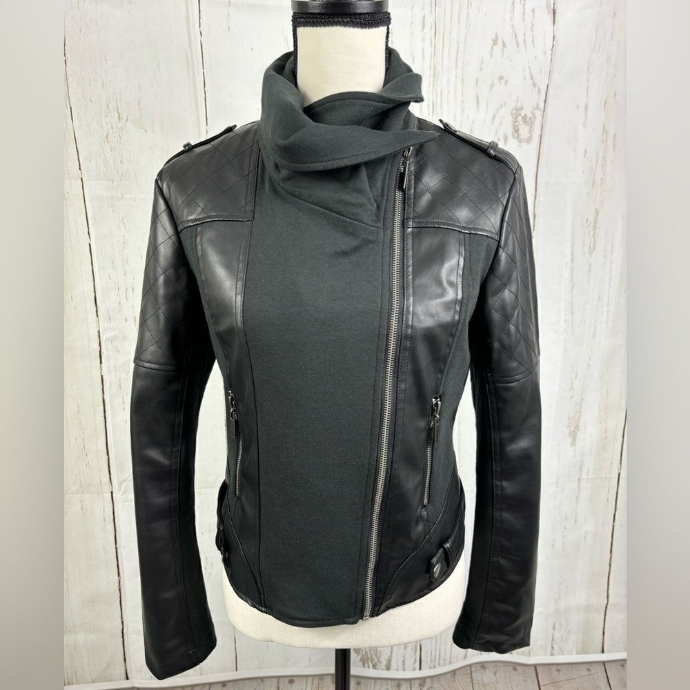 Ollie & Lala Mixed Fabric & Faux Leather Moto Jacket Black - Picture 3 of 12